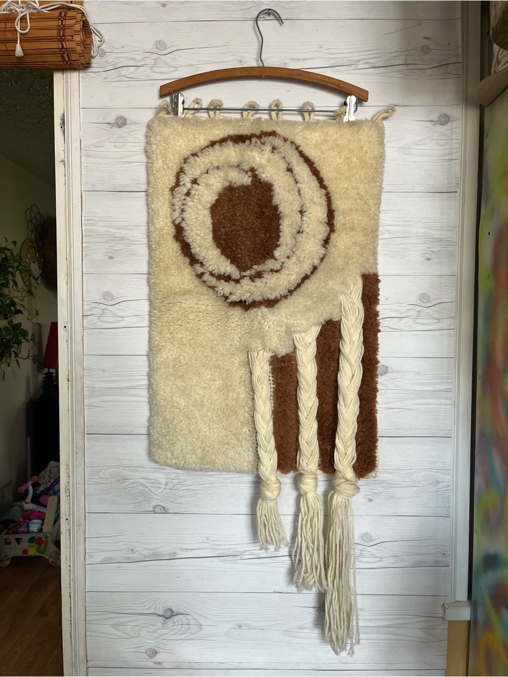 Vintage Mid Century Modern MCM Latch Hook Wall Hanging 1970s Swirl Fringe